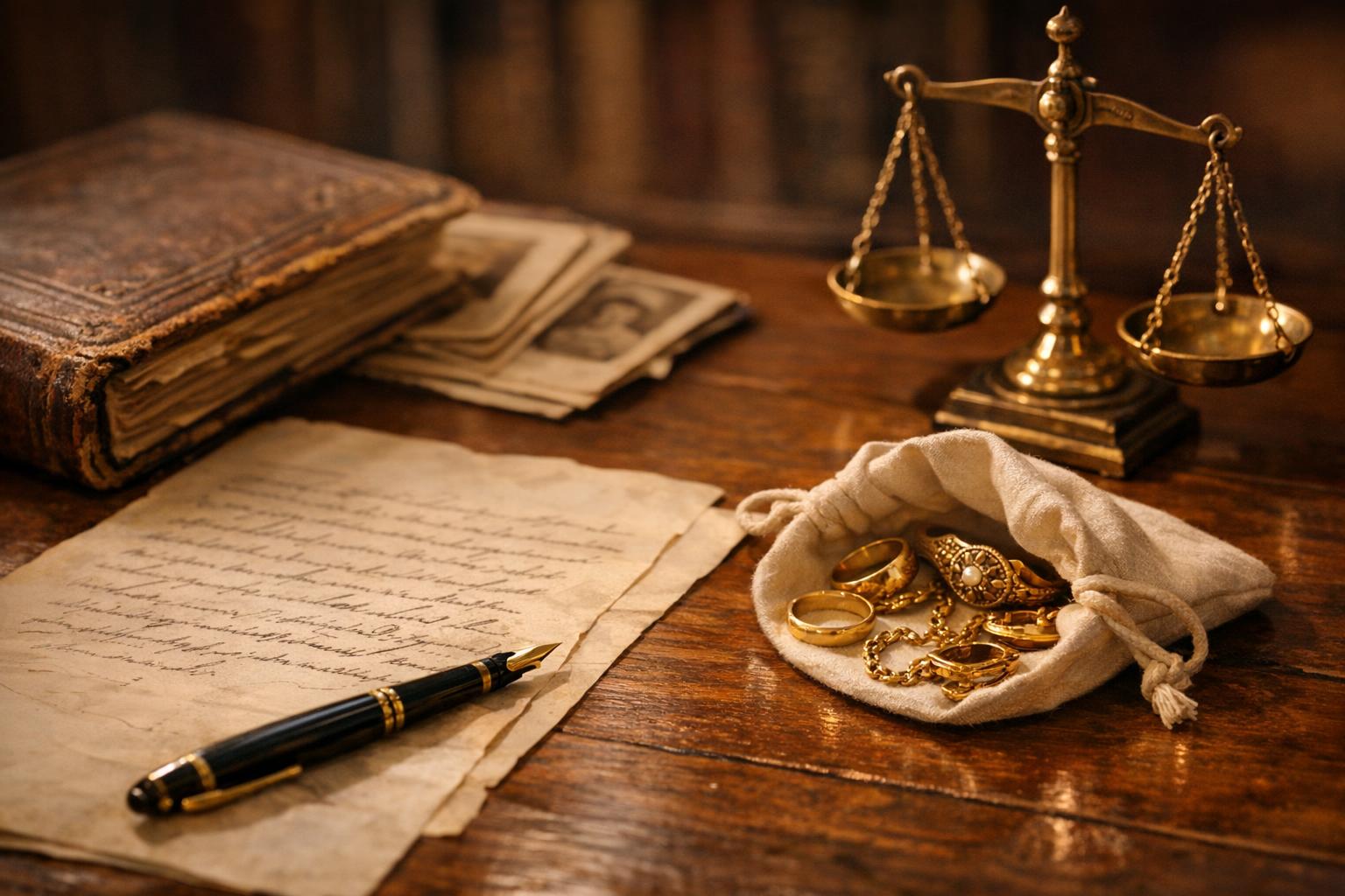 Bijoux en or hérités sur un bureau notarial — succession Alpes-Maritimes