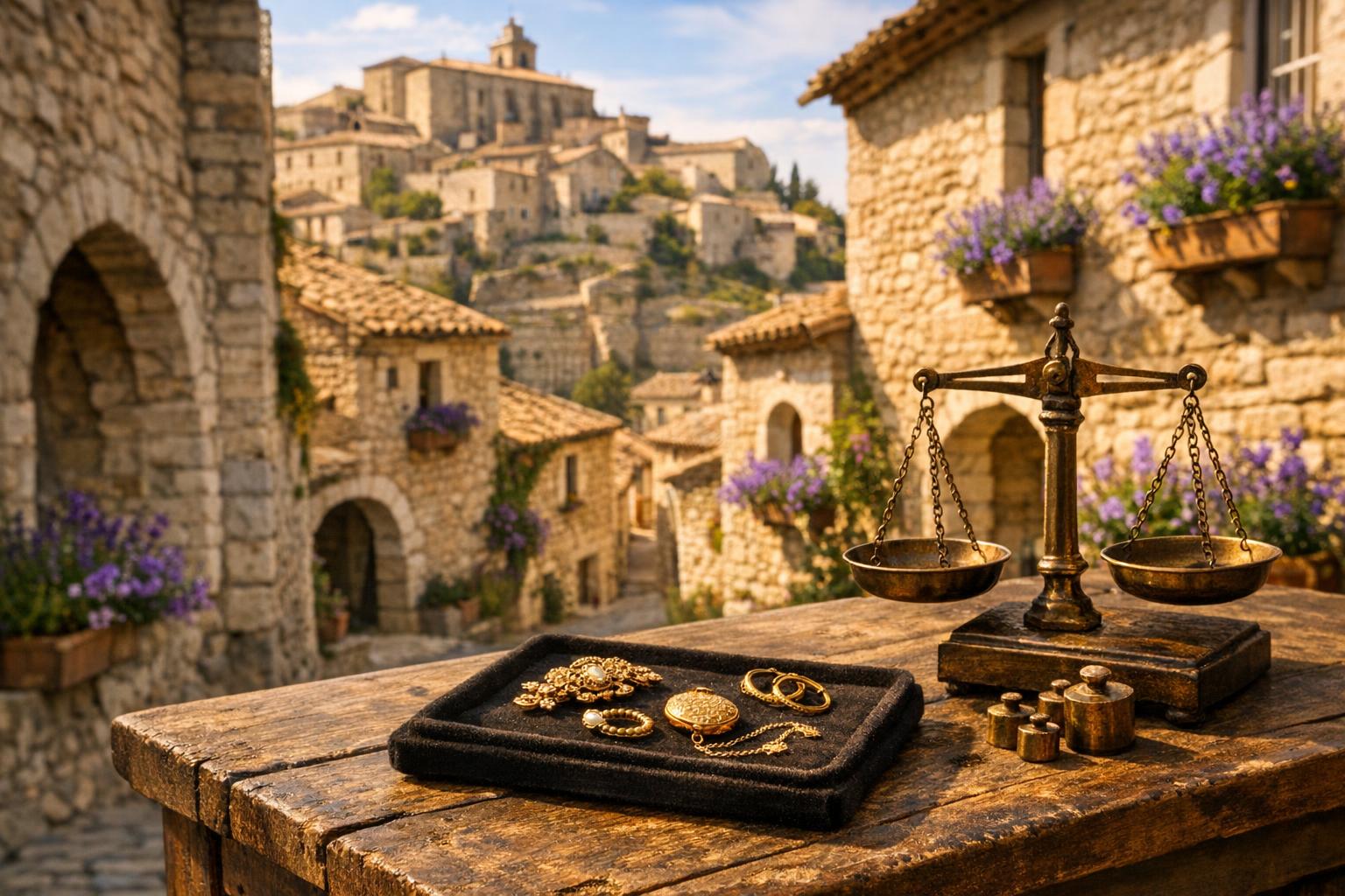 Village médiéval de Tourrettes-sur-Loup et bijoux en or